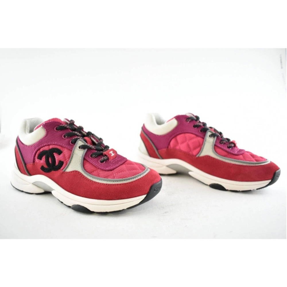 Chanel 21B Pink Black White Silver CC Logo Tie Flat Runner Trainer Sneaker 39 - Picture 2 of 12